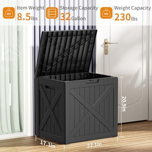 ROJIK 32 Gallon Outdoor Storage Housing Deck Box,Waterproof Patio Furniture, Garden Tools, Cushions, Pool Accessories Storage Bench with Lockable Lid and Side Handles(Black) - Image 2