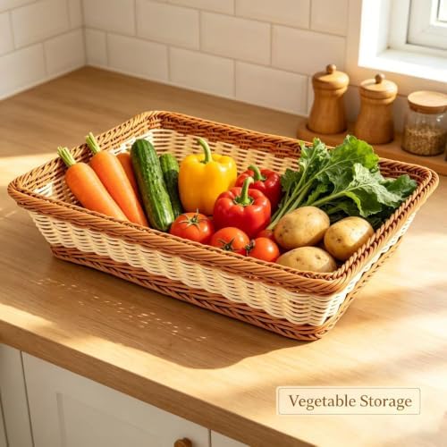Wicker Bread Basket for Party Food, Rectangle Woven Fruit Basket, Gift Baskets Empty, Sturdy Durable Stackable Storage Baskets for Kitchen, Store, Restaurant, Party (Bicolor, M) - Image 4