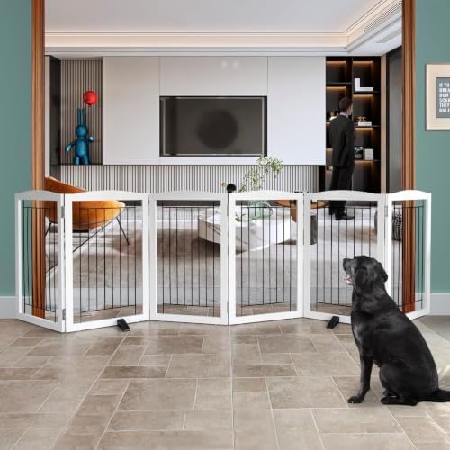 ZJSF Freestanding Dog Fence Indoor, Foldable Dog Gate for Doorways, Stairs or Hallways, Sturdy Wood Extra Wide Pet Gate with Support Feet for The House, White, 32 "Height-6 Panels by ZJSF