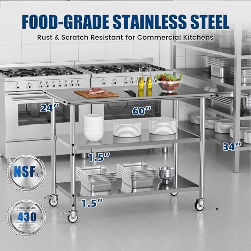 Stainless Steel Work Table with Wheels, 24x60 Inch NSF Kitchen Prep Table with 2 Adjustable Undershelves for Commercial Restaurant, Garage, Outdoor BBQ - Image 3