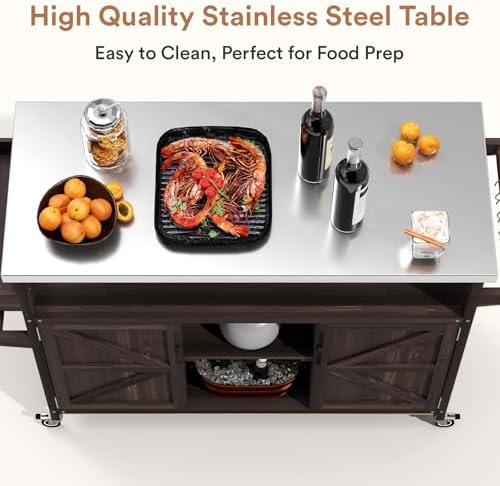 Zevemomo Outdoor Grill Cart with Storage, Lockable Casters, Brown - Image 4