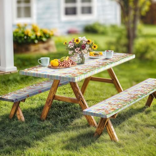 Easter Picnic Table Cover with Bench Covers, Camping Essentials, Easter Buffalo Plaid Bunny Eggs Flowers Outdoor Table Covers, Waterproof, Fitted Tablecloth Cover with Elastic Edge, 3 PCS, 30x96 Inch - Image 3