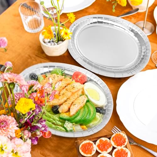50 Pack Silver Foil Paper Plates, 12.2" X 10.2" Disposable Party Plates - Image 5