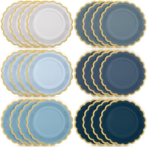 48 Pcs Dusty Blue Paper Plates 9 Inch Gradient Scalloped Paper Blue Plates Disposable Dinner Dessert for Birthday Wedding Bridal Party Supplies, 6 Colors by Tiangrid