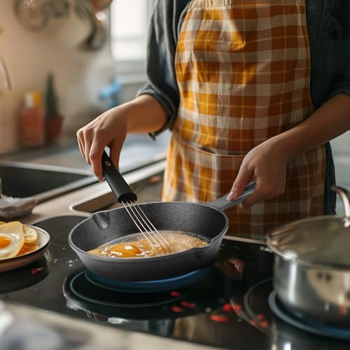 Vesici 5 Pcs Cast Iron Skillet Frying Pans with Drip-spouts Circle Non-stick Frying Skillet Omelette Pan Safe Healthy Cookware for Home Barbecue Kitchen Party Restaurant Catering Service (Mixed Size) - Image 7