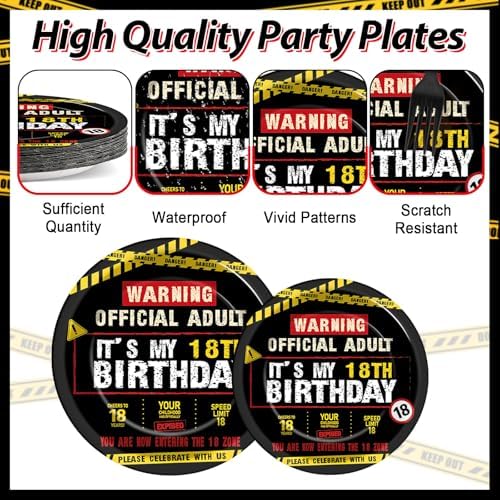 96 PCS Caution Logos 18th Birthday Party Paper Plates and Napkins 18 Years Old Party Decoration Warning Themed Official Adult 18th Dinnerware for Boys Girls 18 Year Old Birthday Gatherings Decorations - Image 4