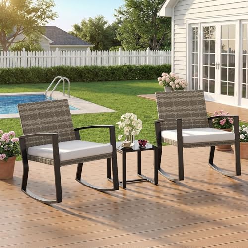 Qsun 3 Pieces Outdoor Patio Furniture Set Rocking Bistro Set, Outdoor Patio Furniture Set with Coffee Table for Garden Balcony Backyard Poolside (Light Grey Cushion) - Image 5