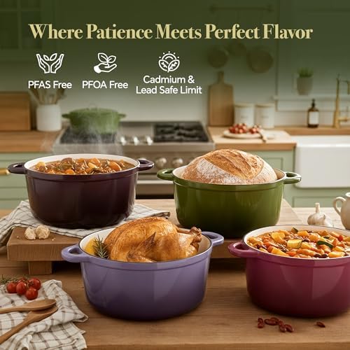 4.5 Quart Dutch Oven Pot with Lid, Non Stick Enameled Cast Iron Dutch Oven for Bread Baking, Heavy-Duty, Oven Safe Ceramic Cookware Up to 500°F for Baking, Braising, Stews, Roasting, Golden Green - Image 2