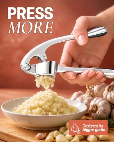 Zulay Kitchen Metal Large Garlic Press, Garlic Mincer, Peeler-Brush, Silver - Image 5