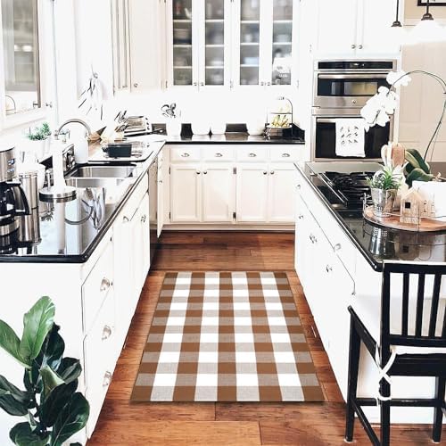 Homydecor Buffalo Plaid Outdoor Rugs, 24'' x 51'' Coffe and White Checkered Area Rug, Layering Rug for Hello/Welcome Door Mat, Washable Cotton Woven Farmhouse Mat for Front Porch Décor - Image 6