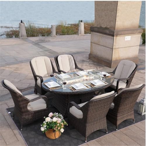 Brown Rattan 6 Seat Patio Furniture Oval Fire Pit Dining Table with Chairs - Image 2