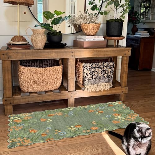Front Door Mat Indoor Entrance - 2x4.3 Ft Sage Green Floral Washable Layered Doormat Outdoor Entrance Porch Rug Non-Slip Boho Runner Rug for Kitchen Hallway Bedroom Laundry Room Porch Decor - Image 7