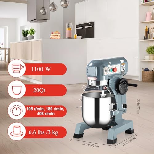 Commercial Food Mixer, 20Qt Commercial Dough Mixer, 1100W Stainless Steel Bowl Heavy Duty Food Mixer with 3 Speeds Adjustable, Dough Hook Whisk Beater Included, Perfect for Bakery Pizzeria - Image 6