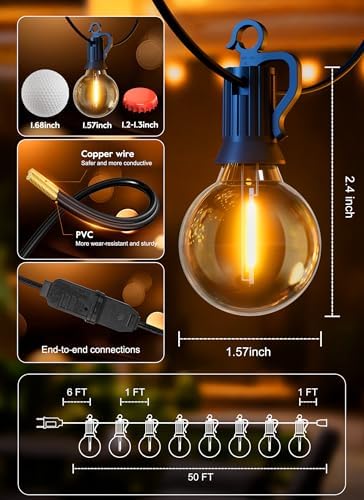Outdoor String Lights, 50FT 52 LED Bulbs Connectable Patio Lights (2 Spare) - Image 6