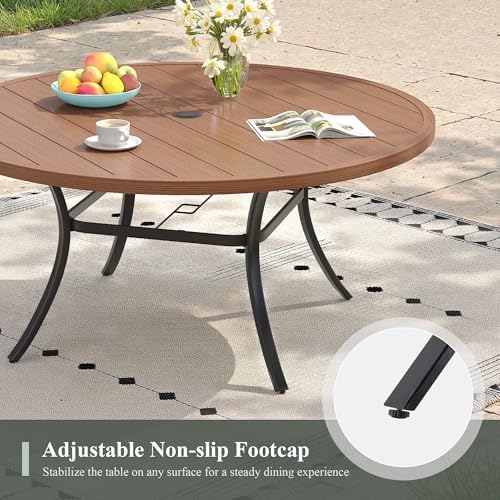 Outdoor Dining Table for 6, 50" Round Outdoor Table with Adjustable Umbrella Hole, All-Weather Metal Patio Dining Table for Lawn Garden Backyard Deck, Walnut - Image 6
