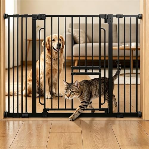 Dog Gate with Adjustable Cat Door, 29.5-42.5 in Wide, Black by FuzzyNest