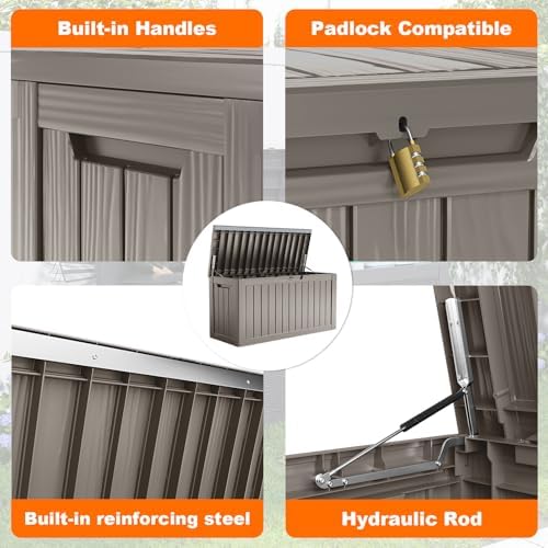 PatioZen 80 Gallon Outdoor Deck Box,Waterproof Resin Outdoor Storage Boxes, Outside Storage Lockable Container for Garden Tools,Indooor Cushions,Accessories (Grey) - Image 7