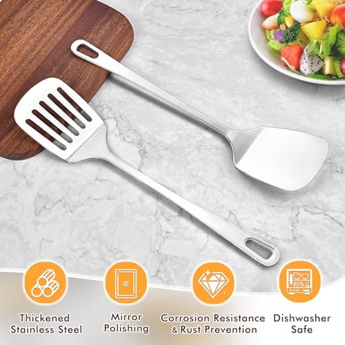 2 Pcs Stainless Steel Spatulas Set, Metal Spatula Solid & Slotted Turner, Heavy Duty Sturdy Spatula for Kitchen Use, High Heat Resistant Cooking Utensils for Fish Eggs Pancakes, Easy to Clean, Silver - Image 2