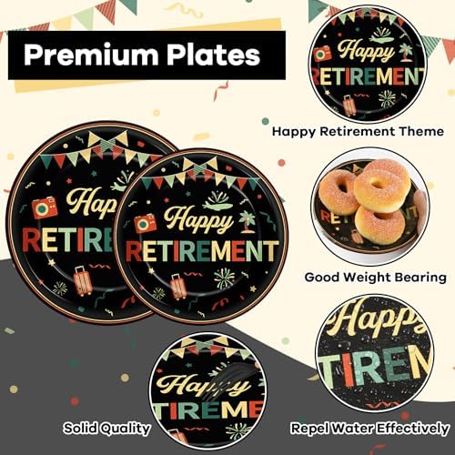 96 PCS Retirement Party Paper Plates Napkins Colorful Vintage Retirement Disposable Party Plates Dinnerware Set Retired Tableware Supplies for Men Women Goodbye Going Away Gatherings Decorations - Image 3