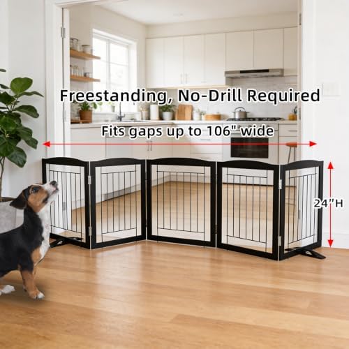 ZJSF Freestanding Dog Fence Indoor, Foldable Dog Gate for Doorways, Stairs or Hallways, Sturdy Wood Extra Wide Pet Gate with Support Feet for The House, Black, 24 "Height-6 Panels - Image 2