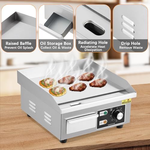 Commercial Electric Griddle 14 Inch – 1500W Stainless Steel, Non-Stick Flat Top Teppanyaki Grill, Adjustable Temp 50°C-300°C (122°F-572°F), Includes 2 Shovels & 2 Brushes, Countertop - Image 6