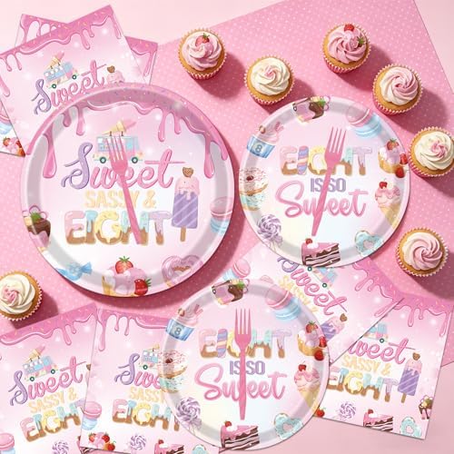 Sweet Sassy and Eight Birthday Decorations, 96PCS Donut 8th Birthday Disposable Paper Plates and Napkins Decoration for Girls, Ice Cream Theme Bday Forks Decor for 8 Year Old Girl Serve 24 - Image 6