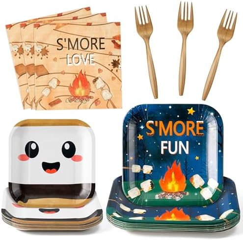 96Pcs S’Mores Camping Love Fun Campfire Party Plates Supplies - Party Tableware Decorations Disposable Paper Plates Napkin Fork for Birthday Camper Christmas Baby Shower, Serves 24 by G1ngtar