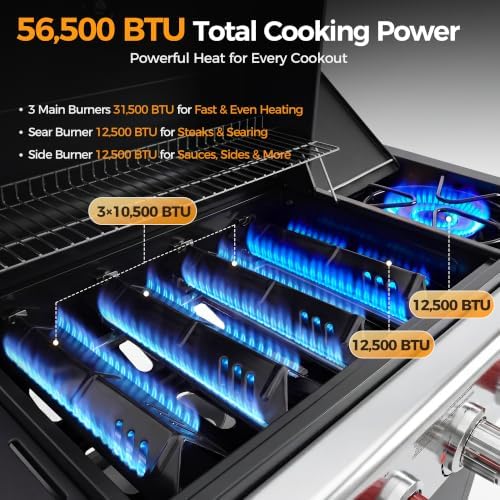 MASTER COOK 4 Burner Propane Gas Grill with Side Burner, 56,500 BTU with Sear Burner, 549 Sq.in. Cooking Area, Porcelain Enameled Grates,Stainless Steel BBQ Grills for Outdoor Cooking Patio Garden - Image 5