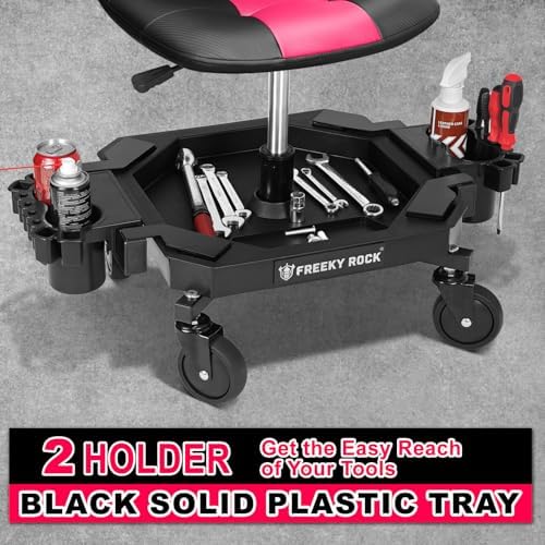 Rolling Stool with Wheels, Adjustable Height Pneumatic Garage Work Mechanic Stool Seat with Backrest, 400 LBS Capacity 360° Swivel Mechanic Crepper Chair with Tool Tray Storage, Pink - Image 5