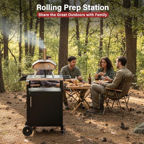 Outdoor Grill Cart with Storage, Outdoor Grill Table with Spice Rack, Lockable Wheels & Stainless Steel Top, Rolling Bar Cart Outdoor BBQ for Patio Family Home Party Bar (Single Door, Black) - Image 7