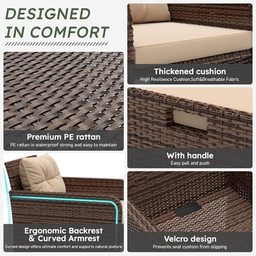 LHBcraft 5 Piece Patio Furniture Set, PE Wicker Outdoor Furniture Set with Soft Cushions & Coffee Table, Outdoor Lounge Chairs with Ottoman for Porch, Lawn, Balcony, Beige-Brown - Image 4