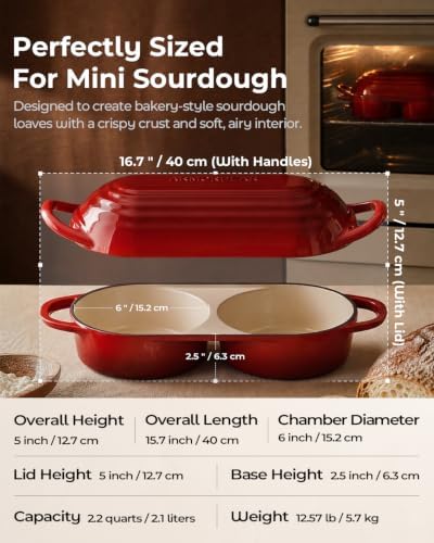 Mini Double Dutch Oven for Sourdough, Enameled Cast Iron Bread Pan, Red - Image 4