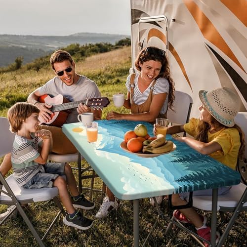 Picnic Table Cover with Bench Covers and Bag, Forest Mountain Sunset Camping Tablecloth, Waterproof Windproof Oilproof Elastic Edges Fitted Tables Cover for Indoor Outdoor 3PCS 30x60 Inch (Green) - Image 2