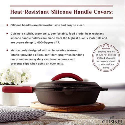 Cuisinel Cast Iron Skillet with Lid - 10"-inch Pre-Seasoned Covered Frying Pan Set + Silicone Handle and Lid Holders + Scraper/Cleaner - Use Indoor/Outdoor, Oven, Stove, BBQ, Fire, Grill Cookware - Image 5