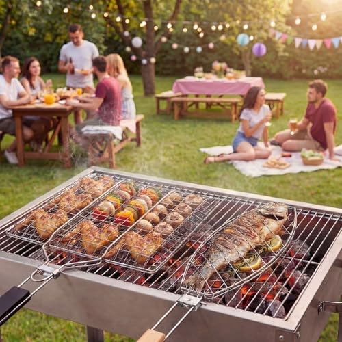 Didaey 3 Pcs Fish Grilling Basket Set 2 Sizes Stainless Steel BBQ Grill Baskets and a Silicone Basting Brush Foldable Handle and Lockable Design for Outdoor BBQ Camping Grills Father's Day Gift - Image 6