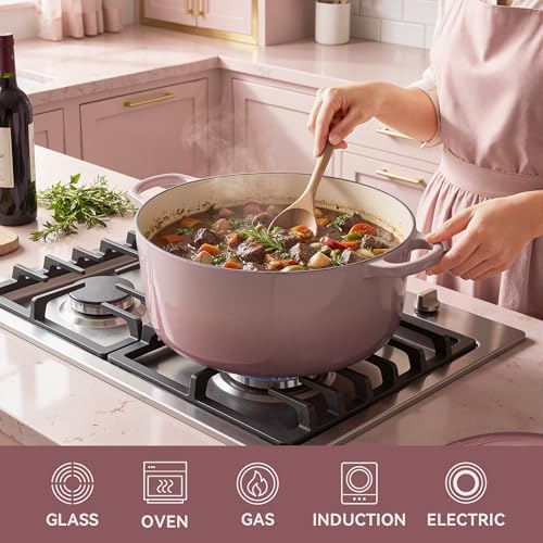Vintage Style 6 Quart Dutch Oven Pot with Lid, Non Stick Enameled Cast Iron Dutch Oven for Bread Baking, Heavy-Duty, Oven Safe Ceramic Cookware Up to 500°F for Baking, Braising, Stews, Roasting, Pink - Image 5