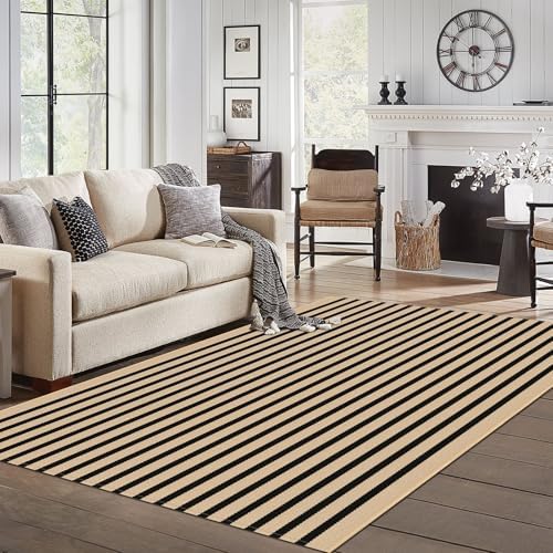 IOHOUZE 5x7 Striped Area Rug, Washable Indoor Outdoor, Tan Black by iOhouze