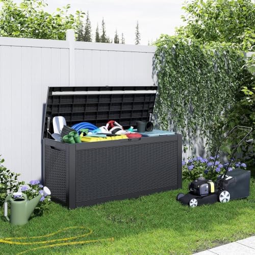120 Gallon Outdoor Deck Box, Lockable Waterproof Outdoor Storage Boxes For Garden Tools,Indoor Cushions,Accessories Outside Storage Resin Weatherproof Container(Black) - Image 3