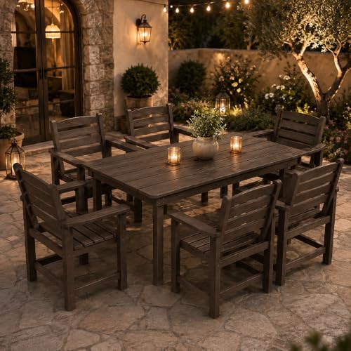 7 Pcs Outdoor Patio Dining Set, HDPE Table & Chairs with Umbrella Hole - Image 2
