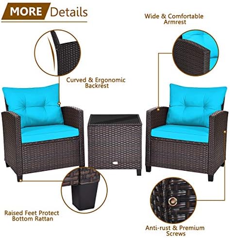 RELAX4LIFE 3 Piece Patio Furniture Set, Wicker Bistro Conversation Set w/ 2 Cushioned Armchairs & Glass Topped Table, Outdoor Rattan Sofa for Porch Balcony Poolside (Turquoise) - Image 5