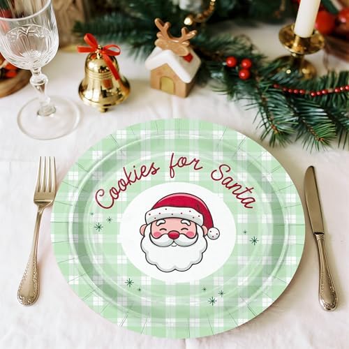 WRAPAHOLIC 25Pcs Christmas Paper Plates - 9 Inch Green Plaids Santa Disposable Plates Decorative Dinner Plates for Christmas Party Tableware Supplies Table Decor - Image 3