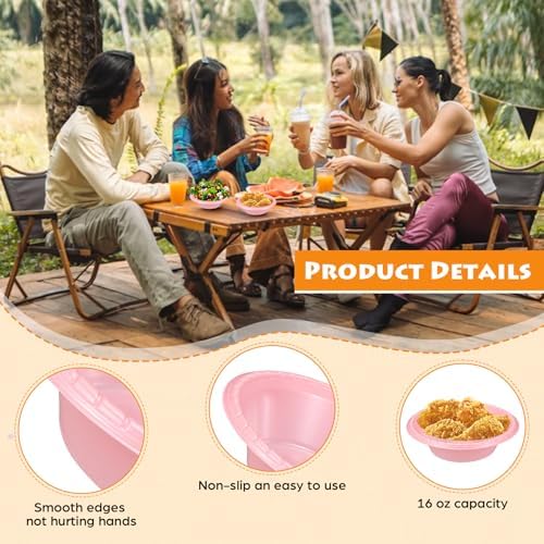 100 Pack 16oz Pink Disposable Plastic Bowls Dessert, Ice Cream, Salad, Soup Serving Cups for Party, Picnic, Food Snacks (Pink) - Image 3
