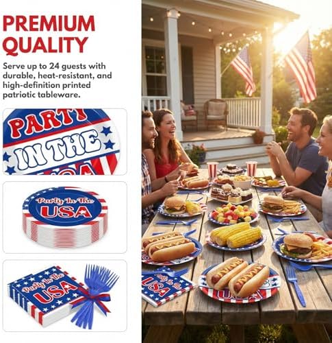 96Pcs Independence Day Paper Plates and Napkins 4th of July Party Supplies in the USA Red White Blue Star Disposable Tableware Set for 24 Guests American Flag Patriotic Memorial Day Decorations - Image 3