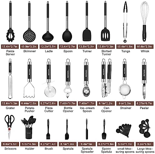 Kitchen Utensils Set-Silicone Cooking Utensils-32 pcs Non-Stick Silicone Cooking Kitchen Utensils Spatula Set with Holder-Best Kitchen Cookware with Stainless Steel Handle (Black) - Image 2