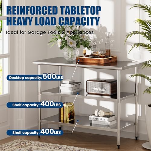 Stainless Steel Work Table 24 x 60 Inch with 2 Adjustable Undershelves, Heavy-Duty Metal Prep Table for Commercial Kitchen & Restaurant, Garage, Outdoor - Image 2
