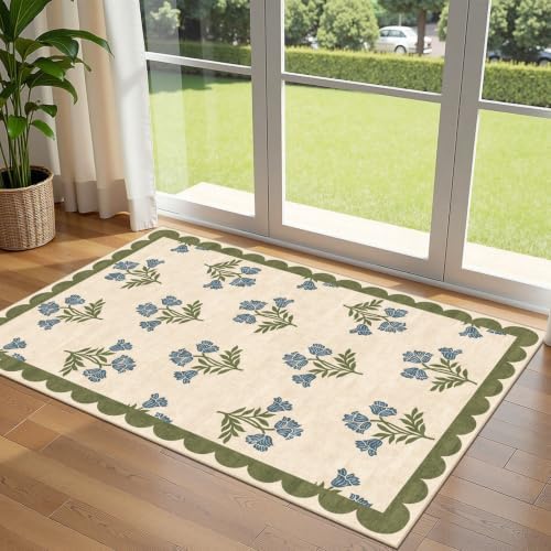 3x5 Floral Entry Rug - Small Washable Indoor Outdoor Mats for Front Door Non-Slip Porch Rug Sage Blue Boho Retro Throw Rugs for Living Room Bedroom Entryway Kitchen Office Porch Decor by Othilic