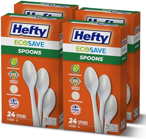 Hefty ECOSAVE Compostable Spoons, 4 Pack, Disposable Spoons for BBQs, Tailgates, Camping, Parties, and More, Strong and Durable Construction, Sustainable Design, 24 per Pack, 96 Total by Hefty