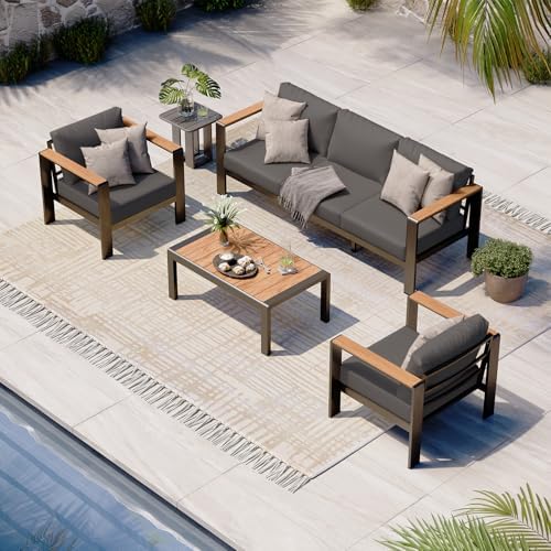 Aluminum Outdoor Patio Furniture Set with Coffee Table, 4 Piece Patio Conversation Sets with Washable Thick Cushions, Outdoor Sectional Furniture Set for Porch, Balcony, Deck, Graphite by Oasbira