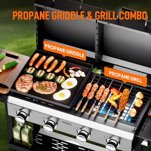 ROVSUN 2-in-1 Propane Gas Grill and Griddle Combo with Lid, 4 Burner Standing Flat Top Griddle & Grill with 40000BTU Output, Auto Ignition, Enamel Grate for Outdoor Backyard BBQ Cooking - Image 2