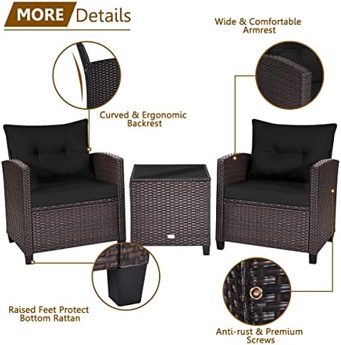 RELAX4LIFE 3 Piece Patio Furniture Set, Wicker Bistro Conversation Set w/ 2 Cushioned Armchairs & Glass Topped Table, Outdoor Rattan Sofa Set Patio Furniture for Porch Balcony Poolside (Black) - Image 5